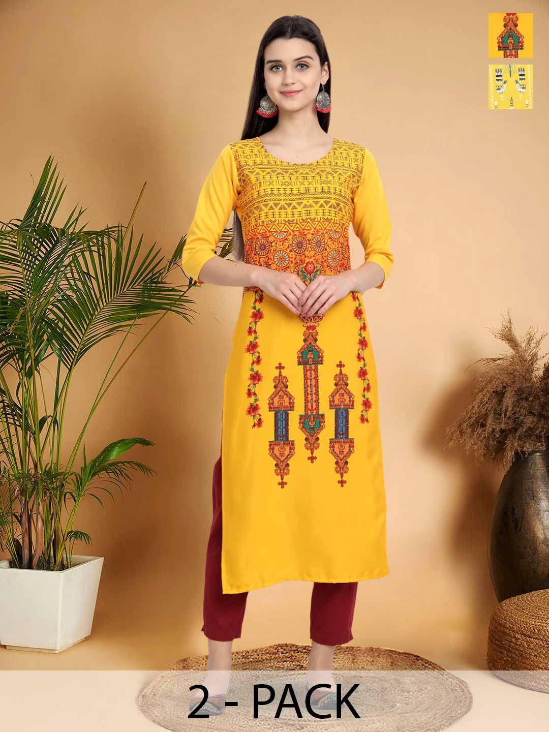 

7Threads Selection Of 2 Ethnic Motifs Printed Straight Kurtas, Yellow
