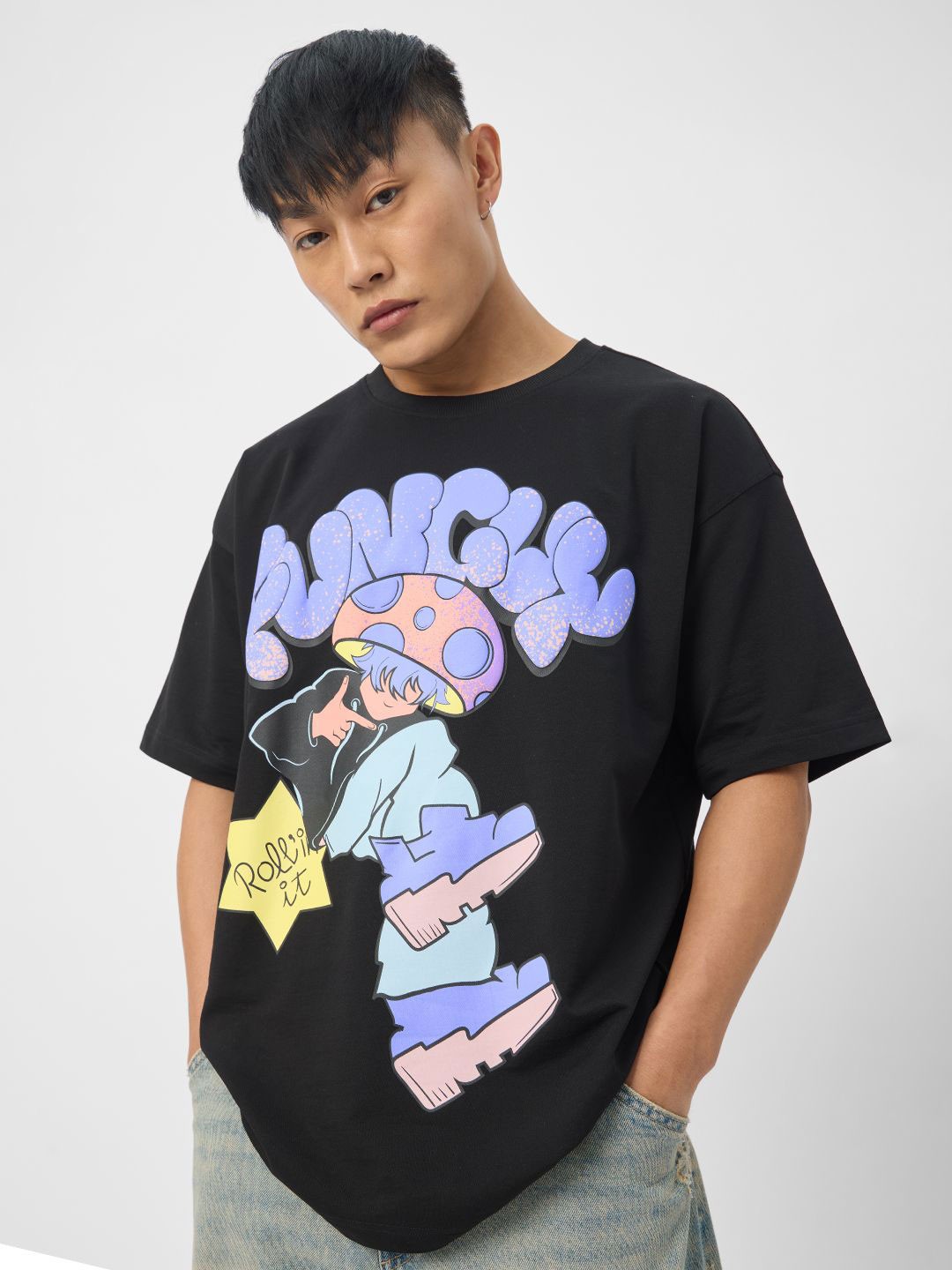

The Souled Store Short Sleeves Cotton Printed Oversized Tshirt, Black