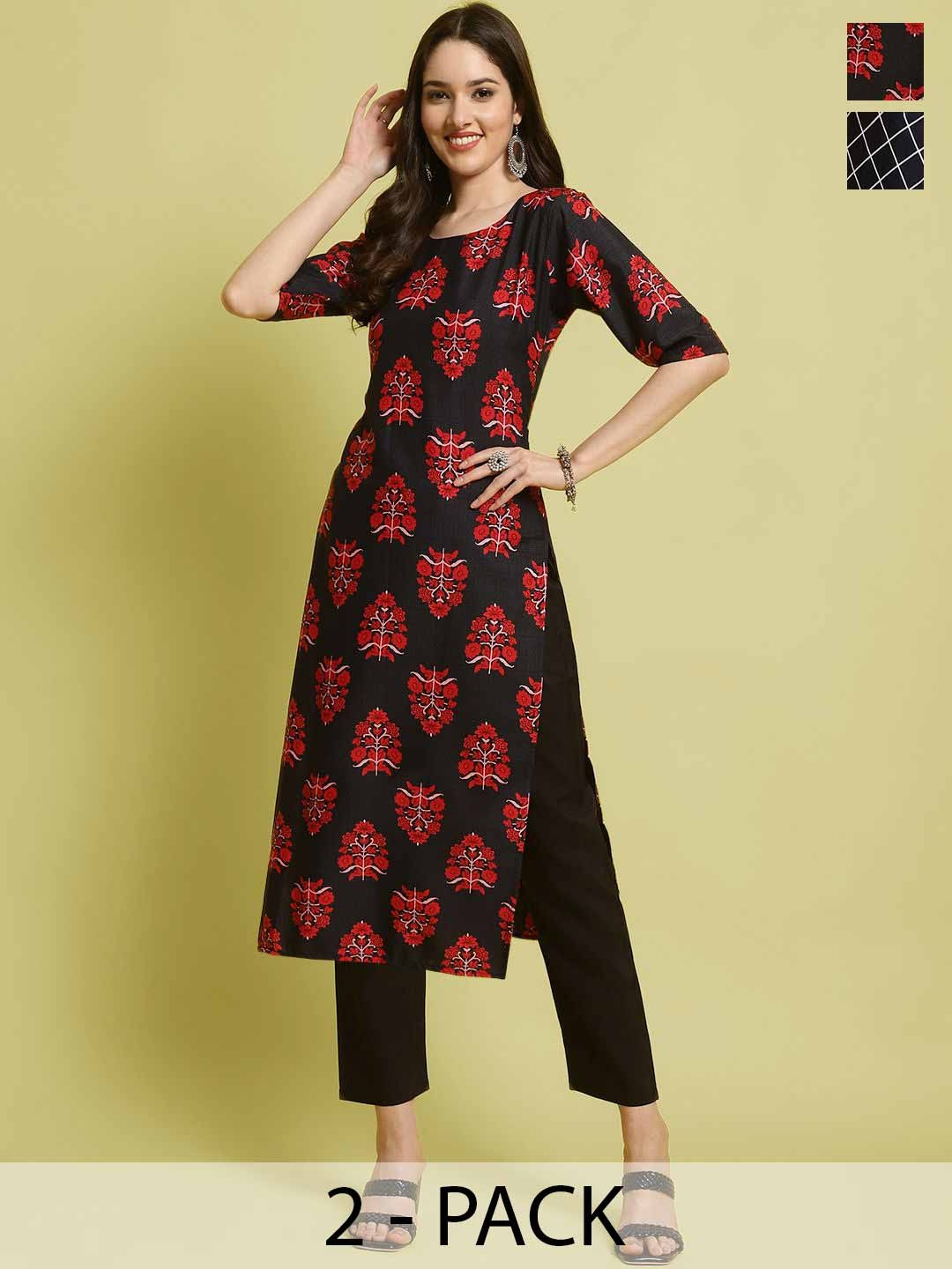 

7Threads Selection Of 2 Ethnic Motifs Printed Round Neck Straight Kurta With Trousers, Black