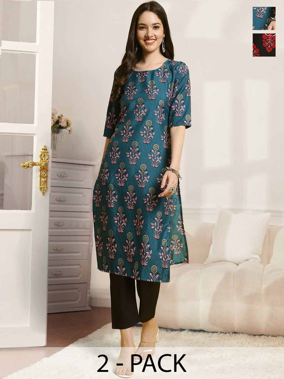 

7Threads Selection Of 2 Floral Printed Straight Kurta With Trousers, Black