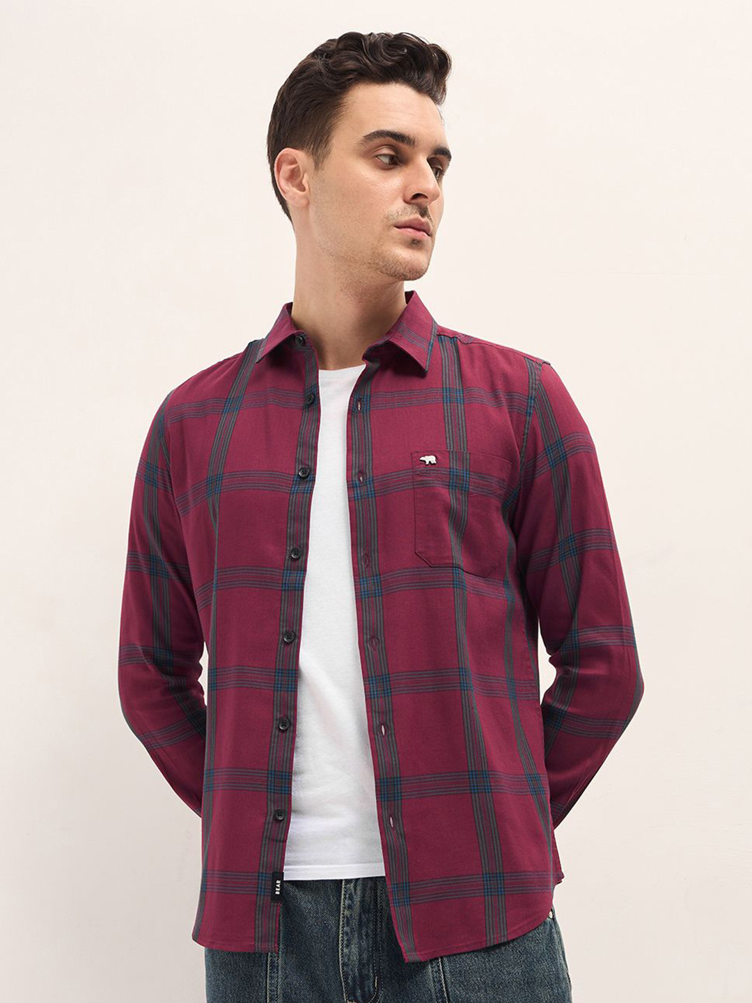 

THE BEAR HOUSE Men Slim Fit Spread Collar Windowpane Checked Cotton Casual Shirt, Red