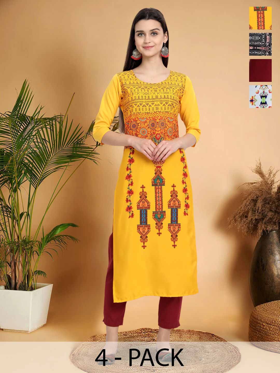 

7Threads Selection Of 4 Ethnic Motifs Printed Round Neck Straight Kurta, Mustard