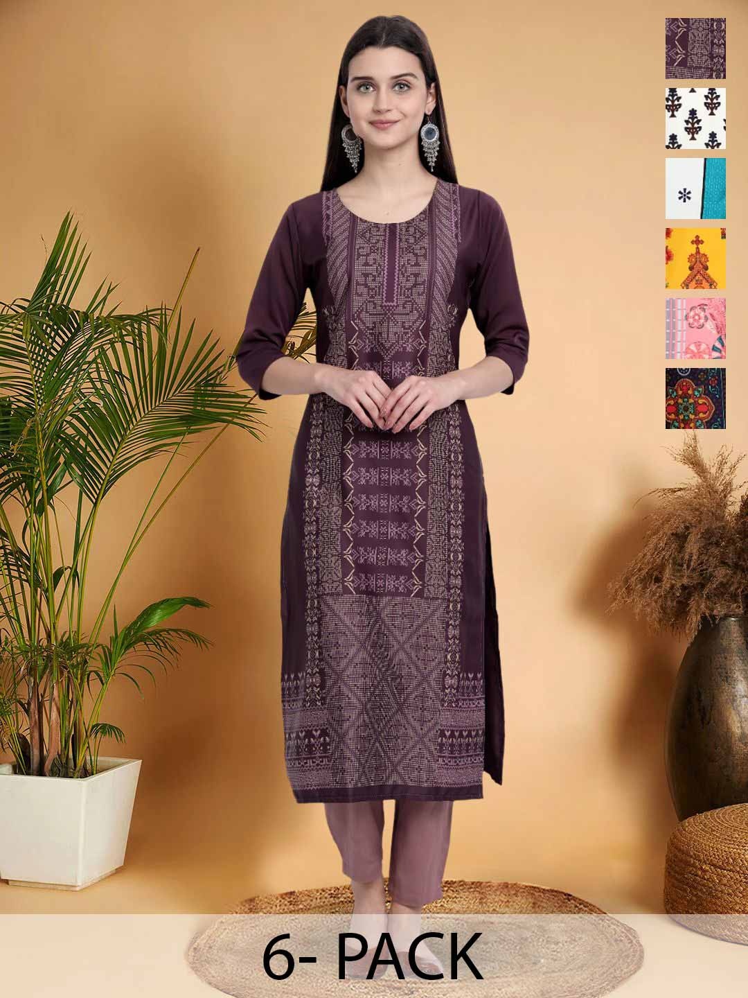 

7Threads Selection Of 6 Ethnic Motifs Printed Round Neck Kurtas, Purple