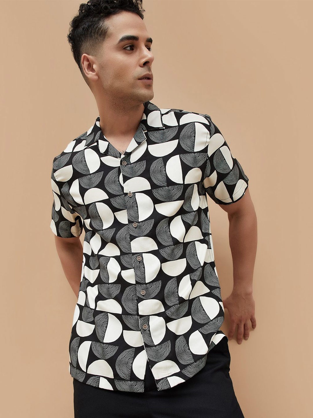 

CODE by Lifestyle Men Cuban Collar Geometric Printed Casual Shirt, Black