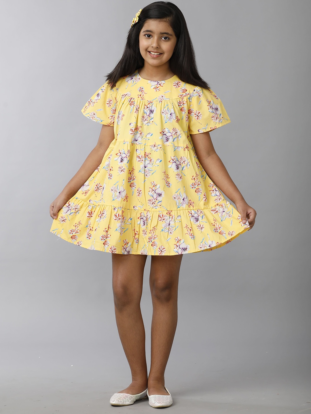 

UNDER FOURTEEN ONLY Girls Floral Printed Cotton A-Line Above Knee Dress, Yellow