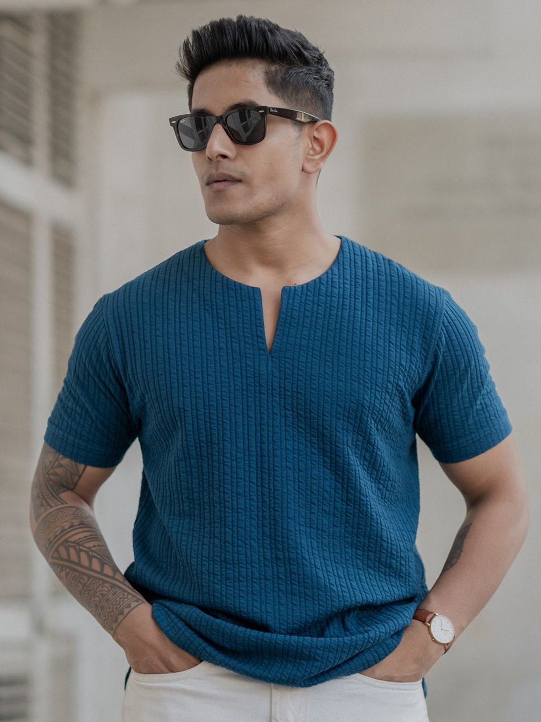 

Powerlook Men Self Design Round Neck Cotton T-shirt, Teal