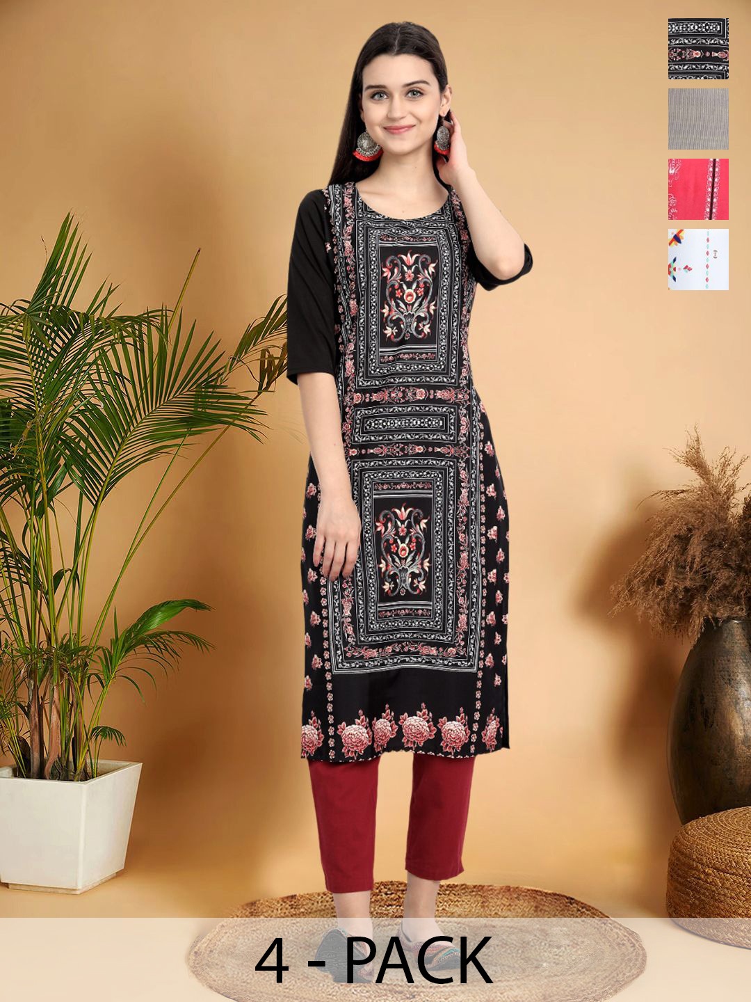 

7Threads Selection Of 4 Ethnic Motifs Printed Round Neck Straight Kurta, Black