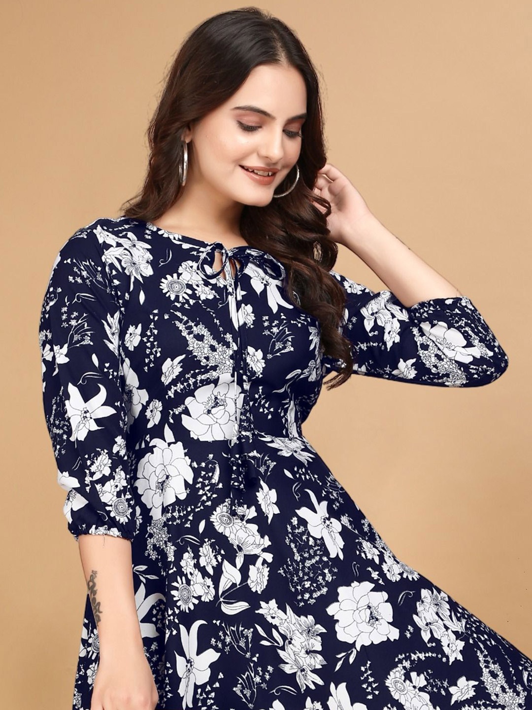 

BAESD Floral Printed Tie-Up Neck Bishop Sleeves Fit and Flare Dress, Navy blue