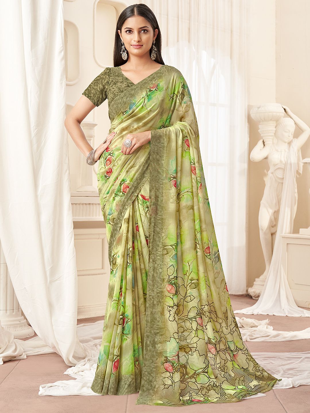 

Panzora Floral Printed Saree with Blouse Piece, Green