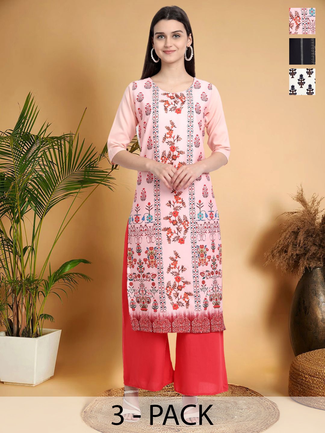 

7Threads Selection Of 3 Floral Printed Straight Kurtas, Pink