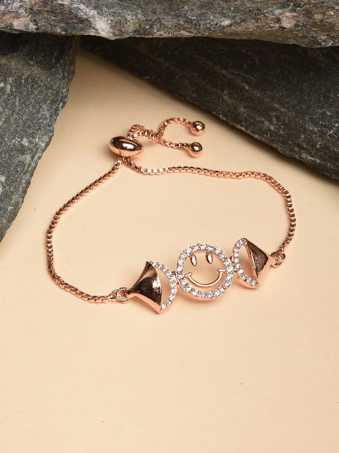 

XPNSV Rose Gold-Plated American Diamond Stone Studded Charm Smiley Bracelet