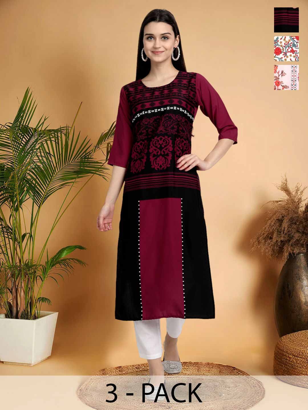 

7Threads Selection Of 3 Ethnic Motifs Printed Round Neck Straight Kurtas, Black
