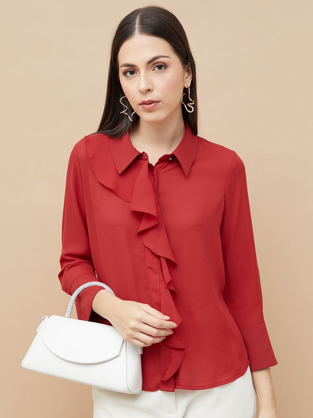 

CODE by Lifestyle Women Solid Ruffles Long Sleeves Casual Shirt, Red