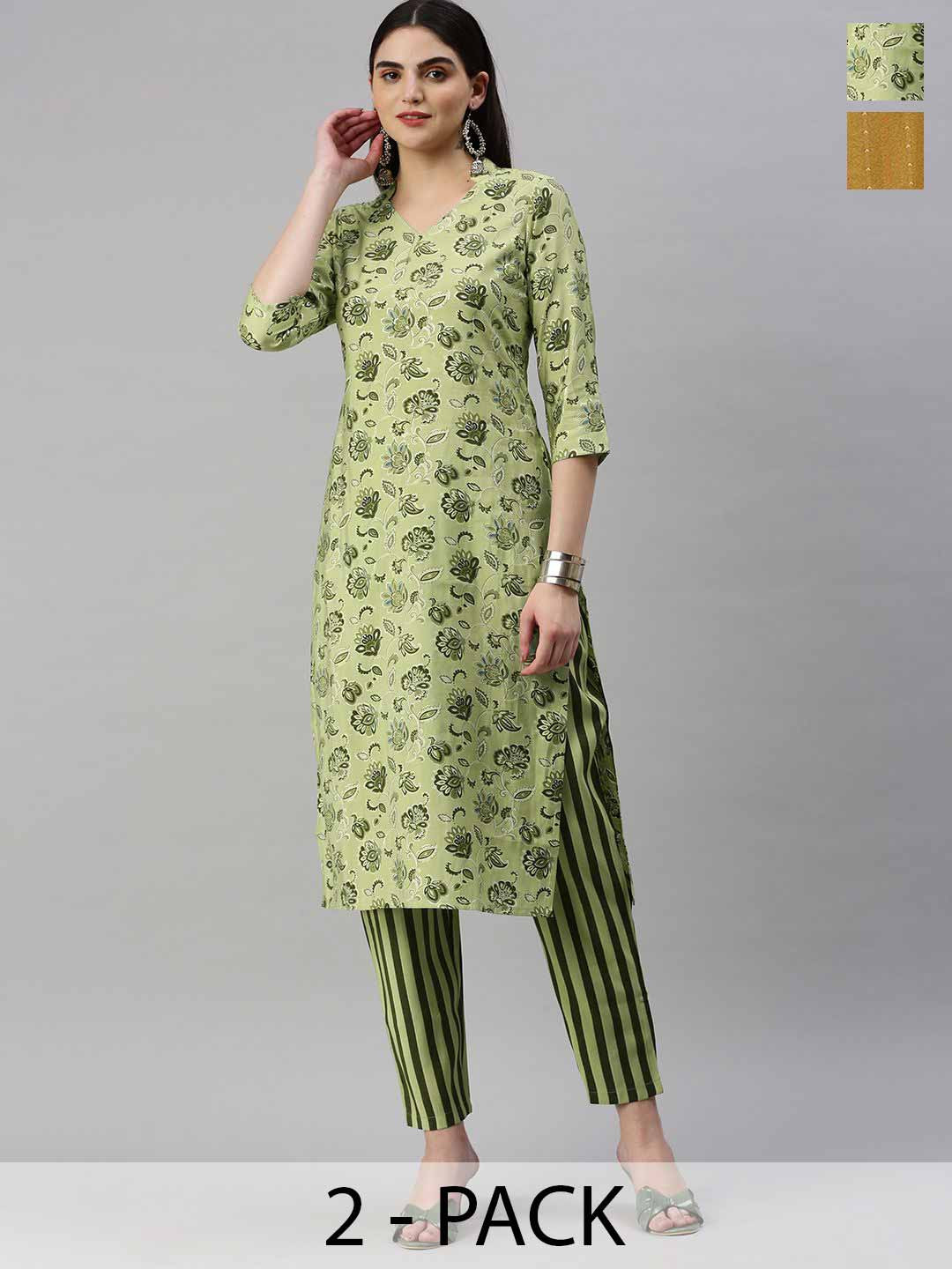 

KALINI Selection Of 2 Floral Printed Straight Kurtas With Trousers, Green