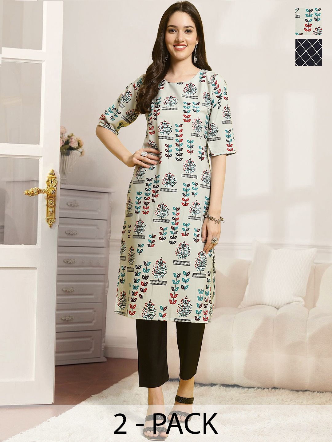 

7Threads Selection Of 2 Floral Printed Straight Kurta with Trousers, Black