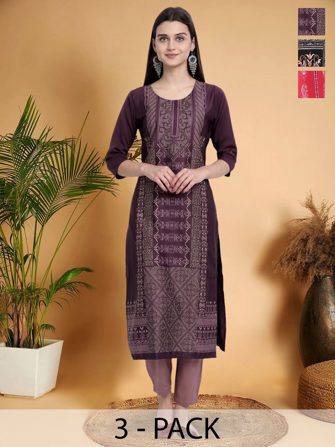 

7Threads Selection Of 3 Ethnic Motifs Printed Round Neck Straight Kurtas, Purple