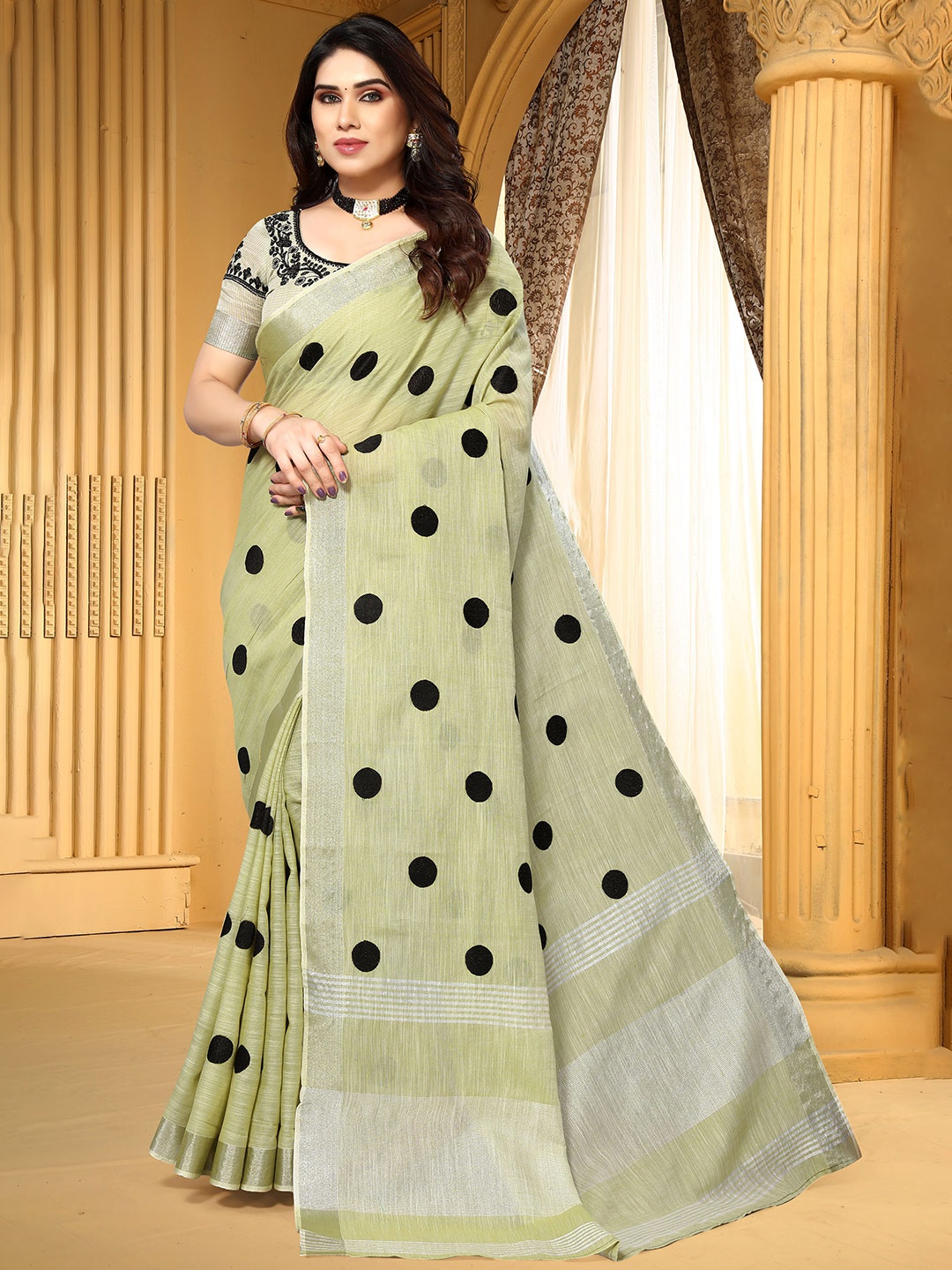 

A.V.M. SILK MILLS Women Polka Dot Zari Pure Cotton Saree, Green