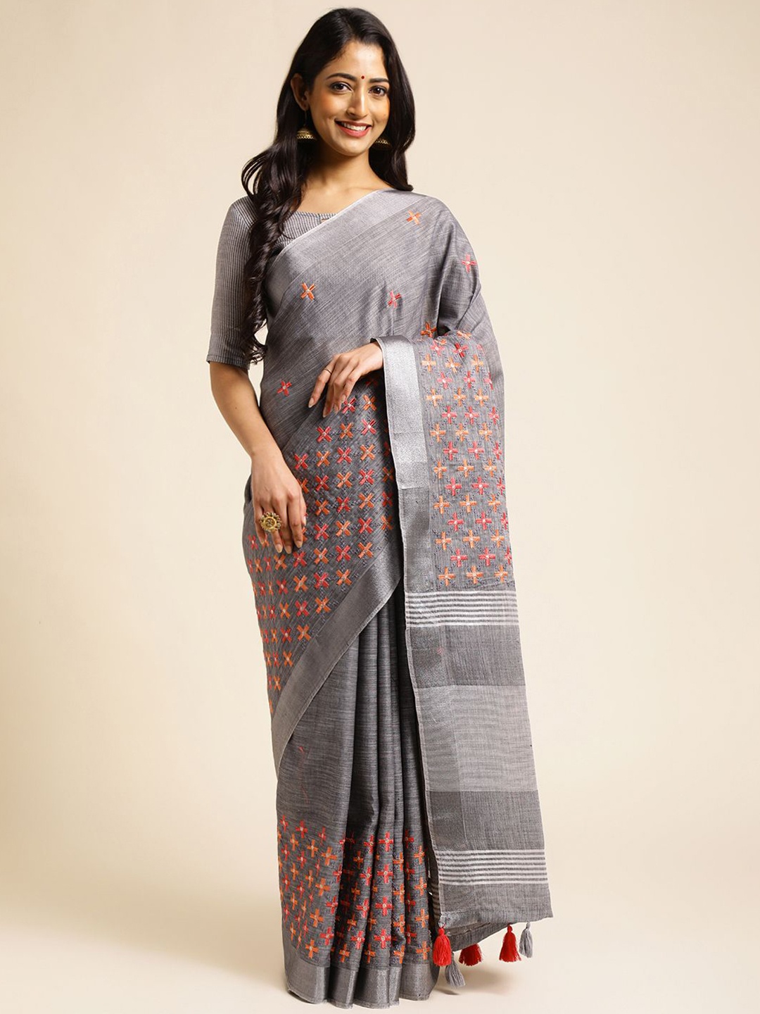 

A.V.M. SILK MILLS Ethnic Motifs Zari Pure Cotton Saree, Grey