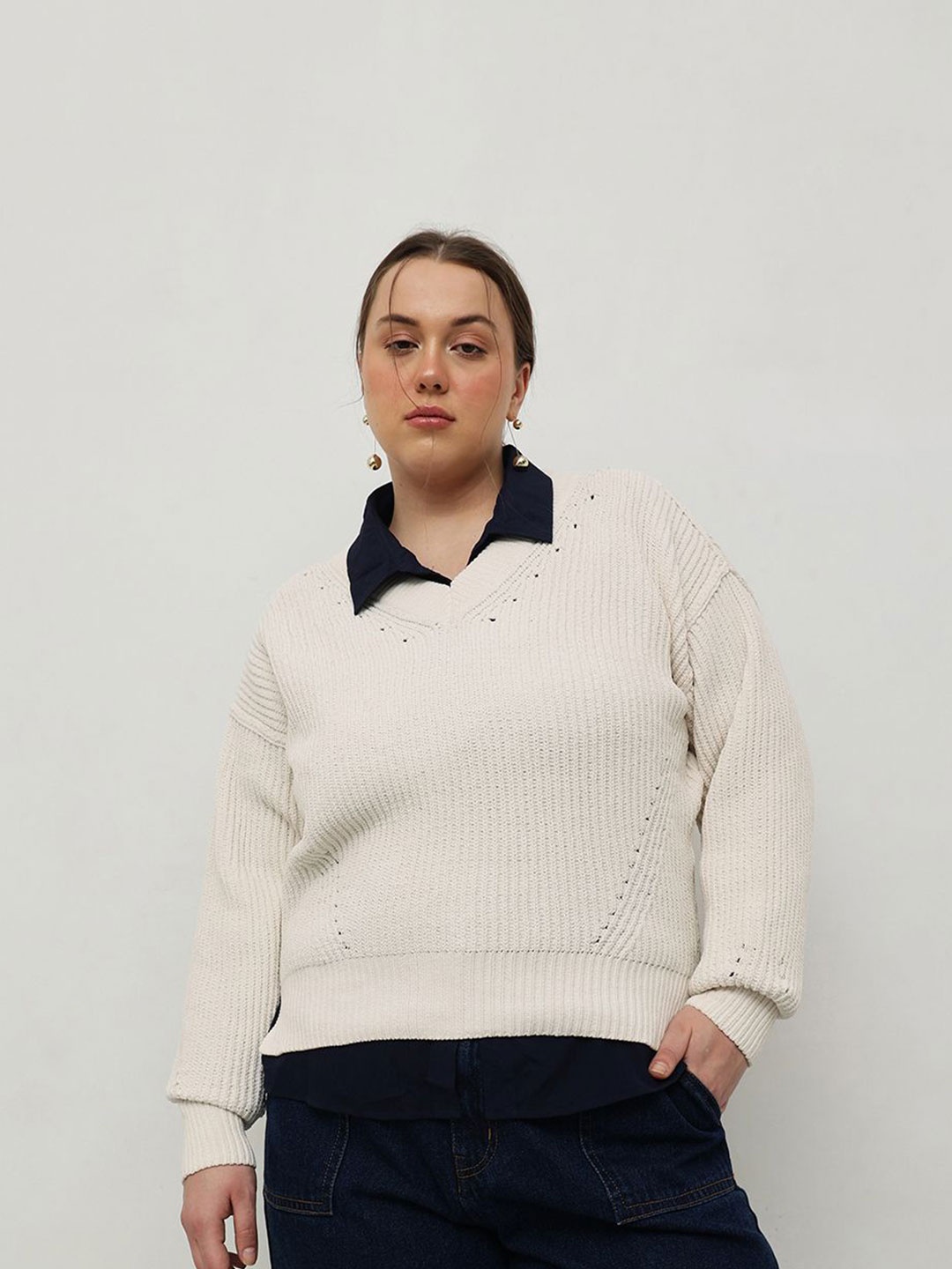

CURVY STREET Women Cable Knit Pullover Sweater, Cream