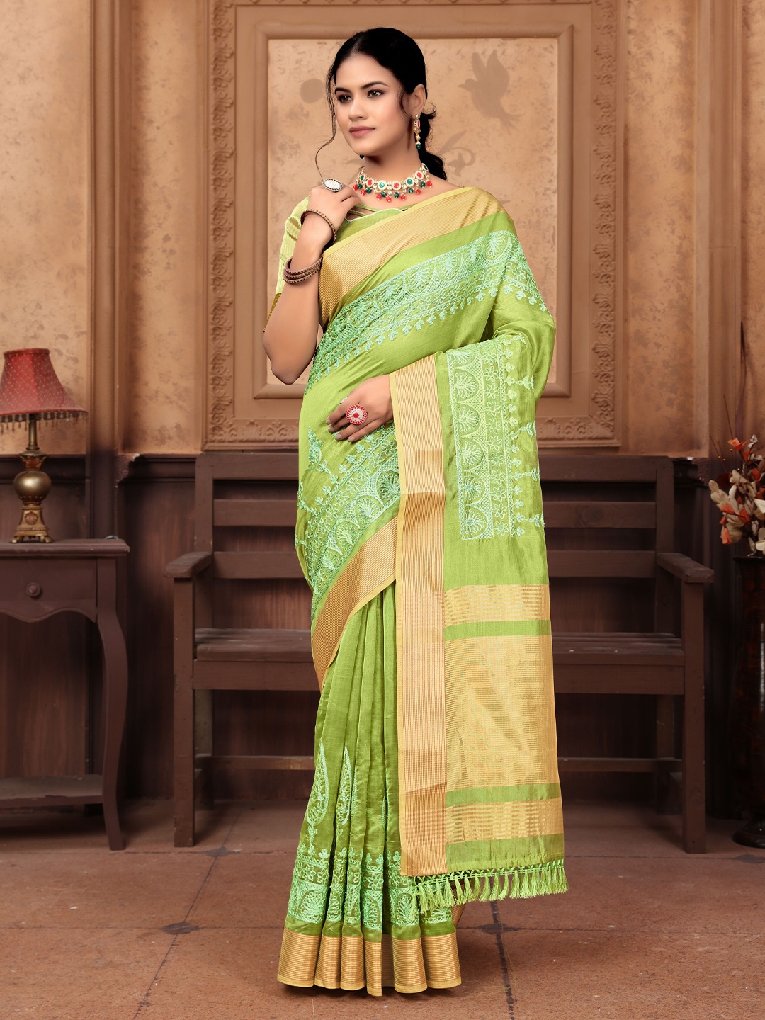 

A.V.M. SILK MILLS Ethnic Motifs Embroidered Pure Cotton Saree, Green