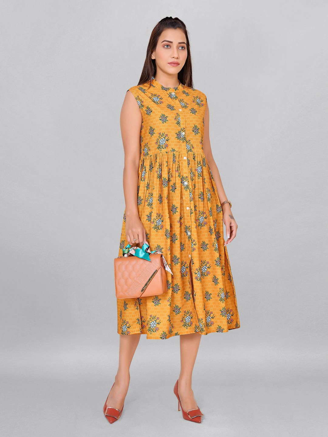 

Moda Rapido Floral Printed Mandarin Collar Chiffon Shirt Midi Dress, Yellow