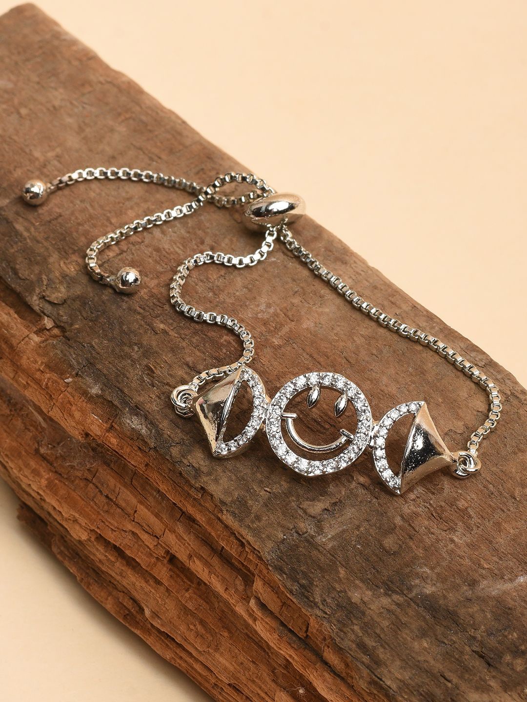 

XPNSV Silver-Plated American Diamond Studded Smiley Charm Bracelet