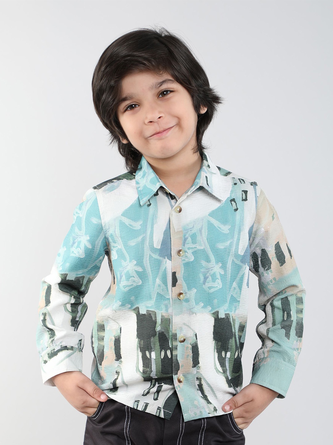 

taffykids Boys Relaxed Fit Spread Collar Abstract Printed Casual Shirt, Off white