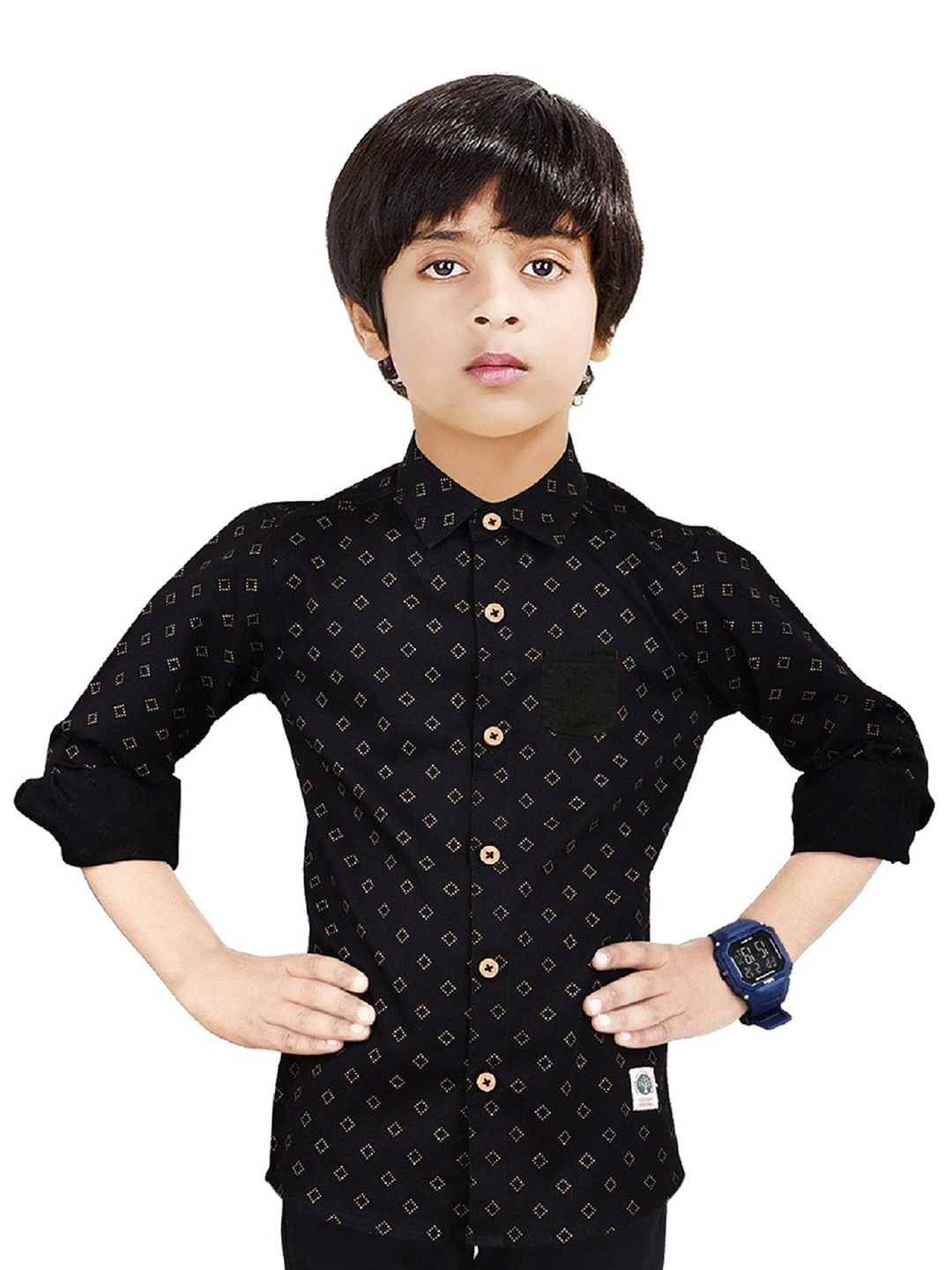 

MADE IN THE SHADE Boys Spread Collar Geometric Printed Cotton Casual Shirt, Black