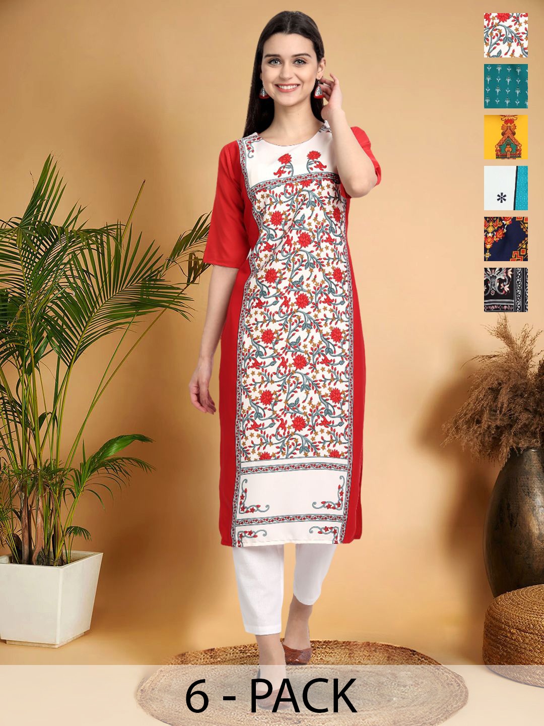 

7Threads Selection Of 6 Ethnic Motifs Printed Round Neck Straight Kurtas, White