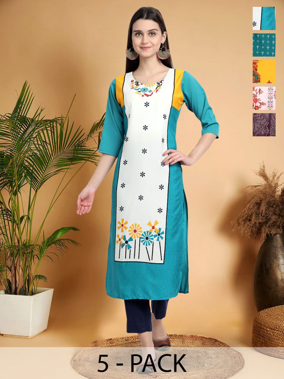 

7Threads Selection Of 5 Floral Printed Round Neck Straight Kurtas, Blue