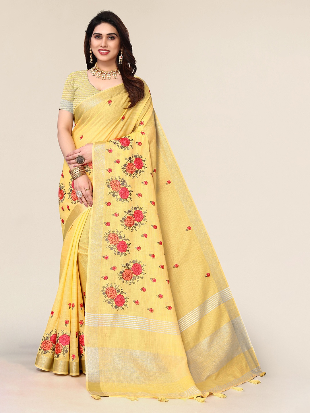 

A.V.M. SILK MILLS Ethnic Motifs Zari Pure Cotton Saree, Yellow