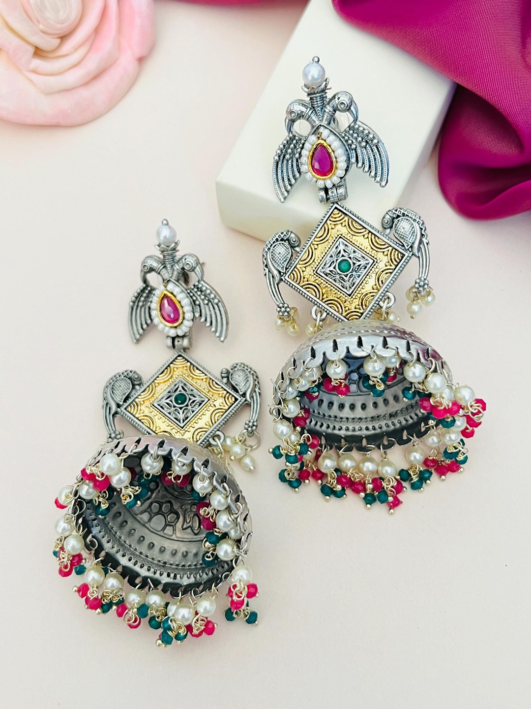 

ABDESIGNS Silver-Plated Dome Shaped Stone Studded & Beaded Jhumkas