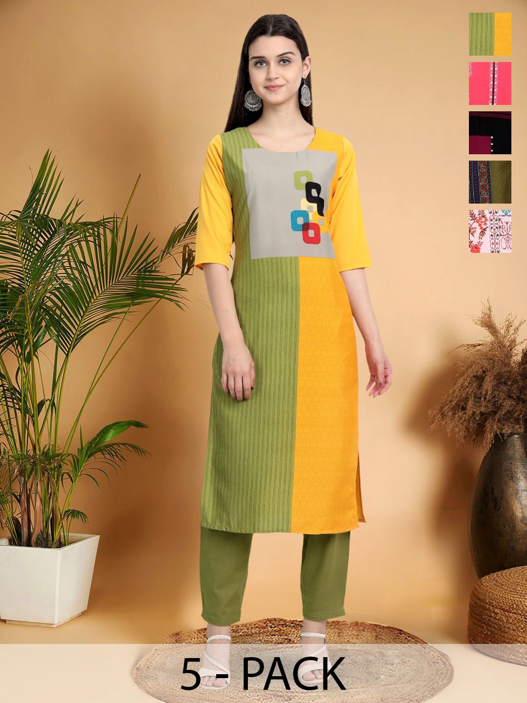 

7Threads Selection Of 5 Colourblocked Round Neck Straight Kurtas, Yellow