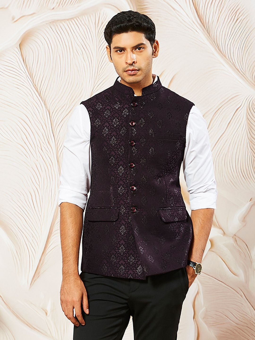 

Vastramay Men Woven Design Nehru Jacket, Burgundy