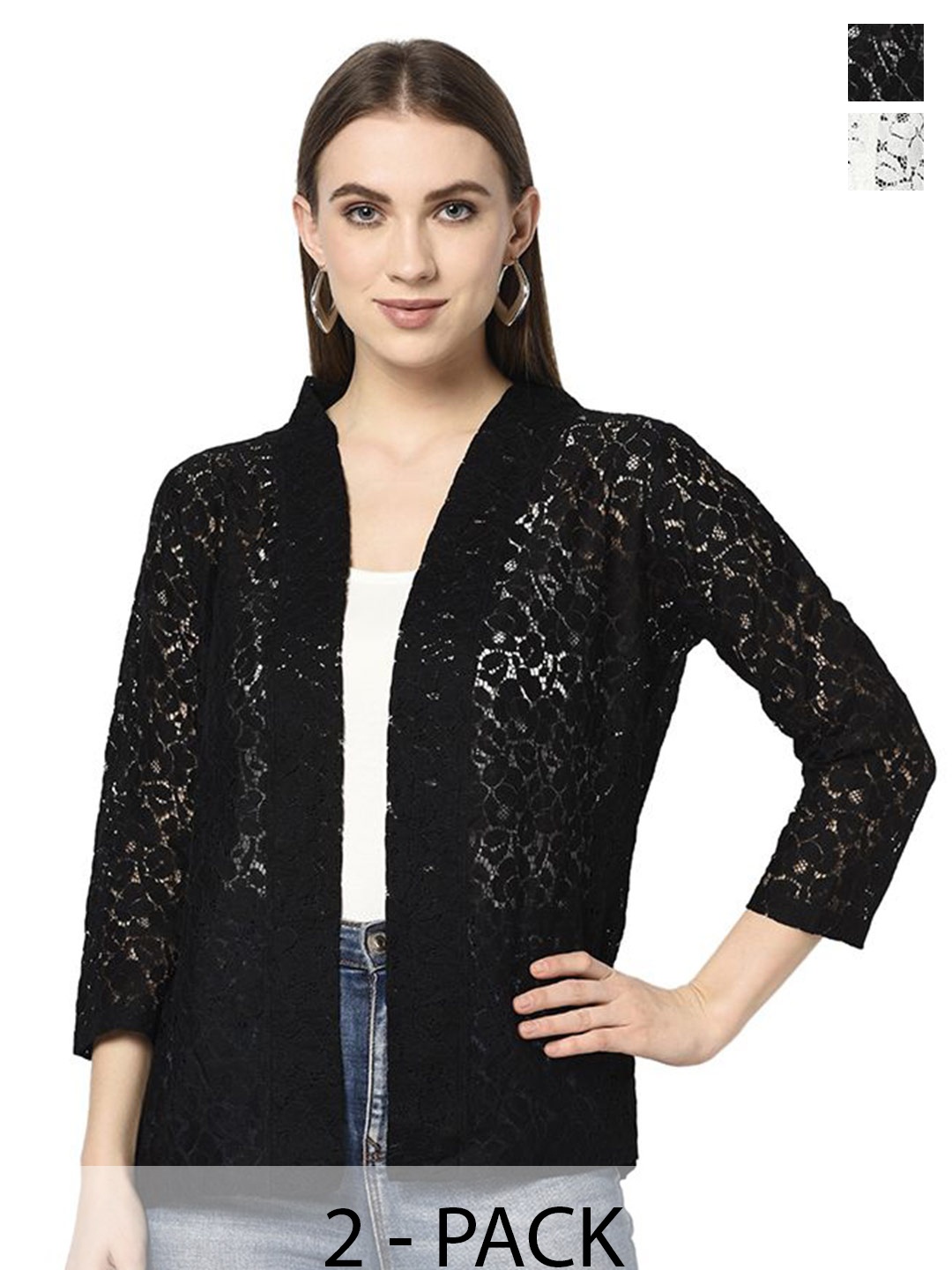 

Espresso Pack Of 2 Self Design Lace Open Front Shrug, Off white