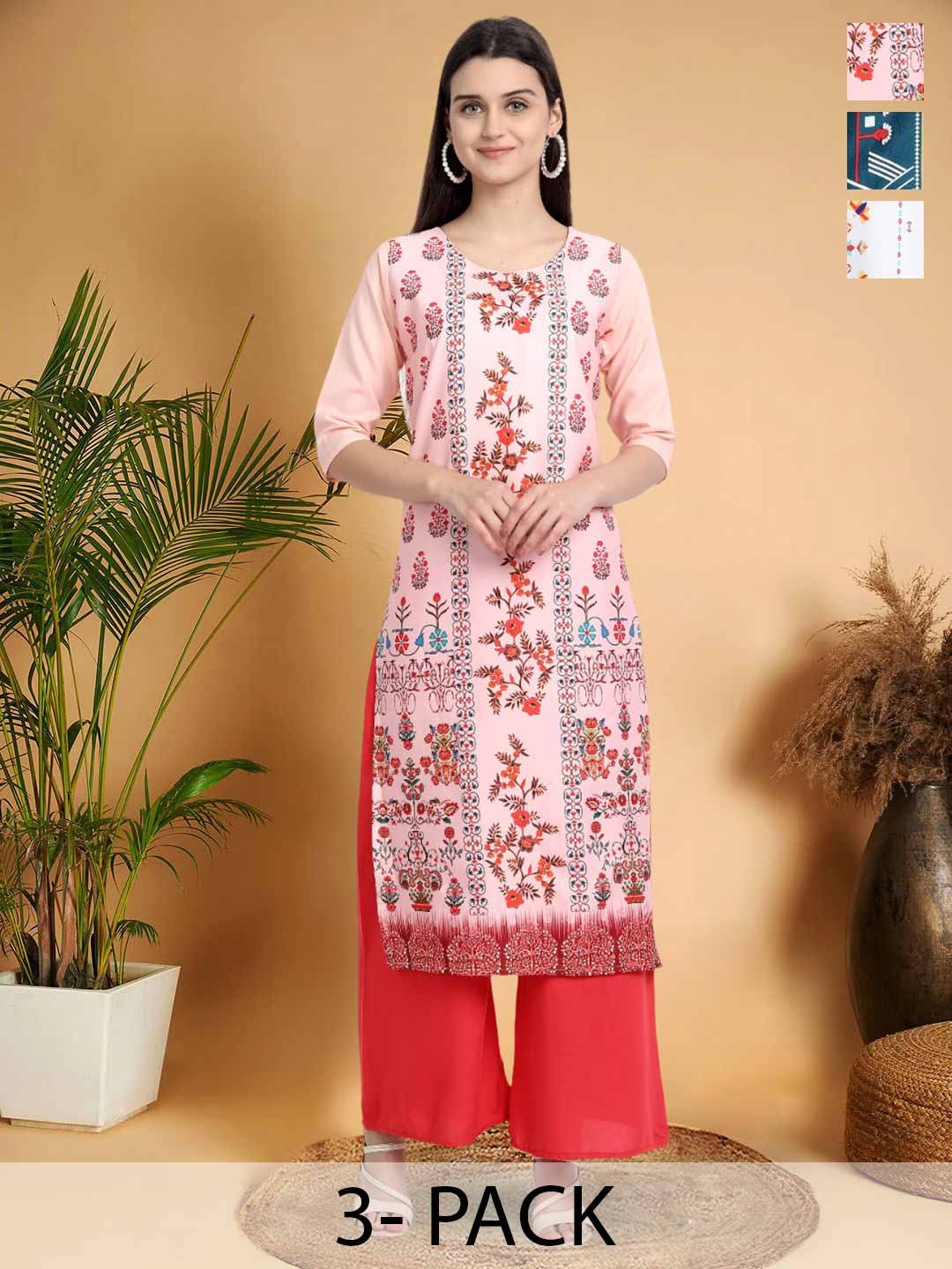 

7Threads Selection Of 3 Floral Printed Round Neck Straight Kurtas, Pink