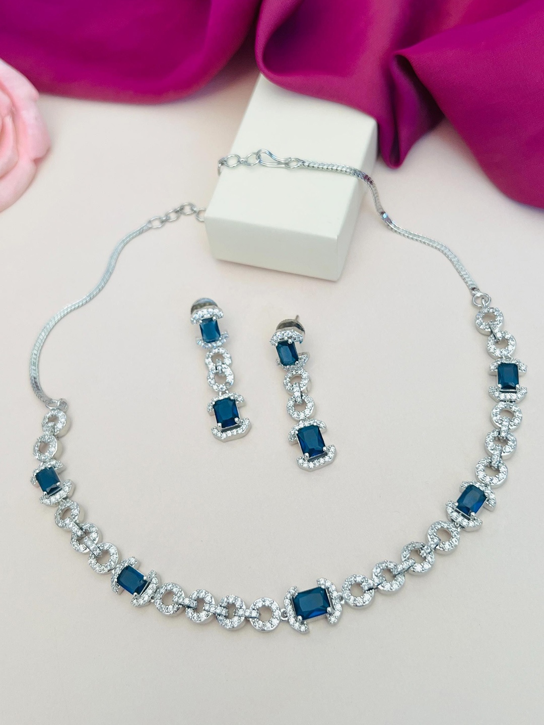 

ABDESIGNS Sliver Plated American Diamond Studded Jewellery Set, Silver