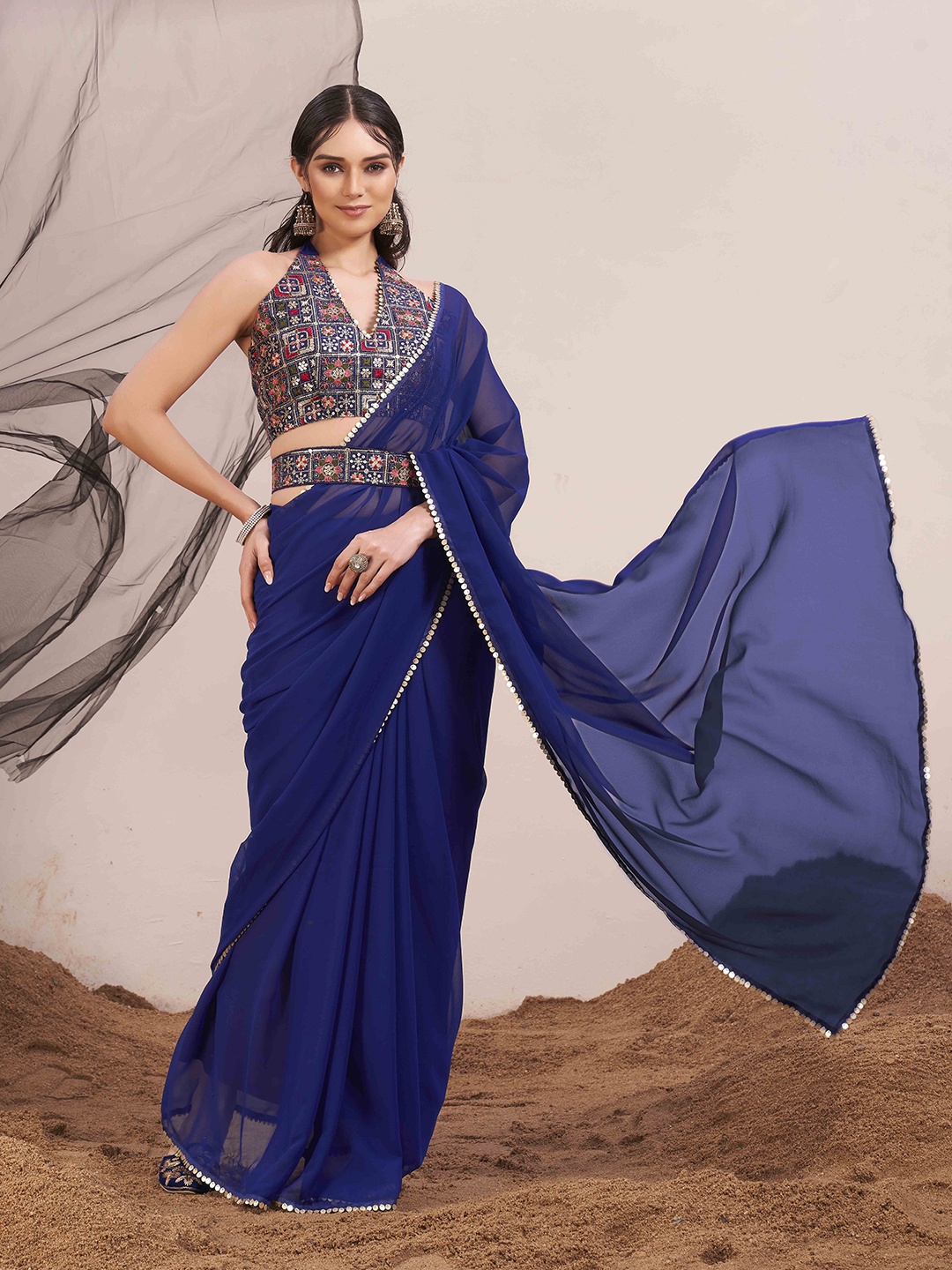 

Tikhi Imli Sequinned Belted Saree with Embroidered Blouse, Blue