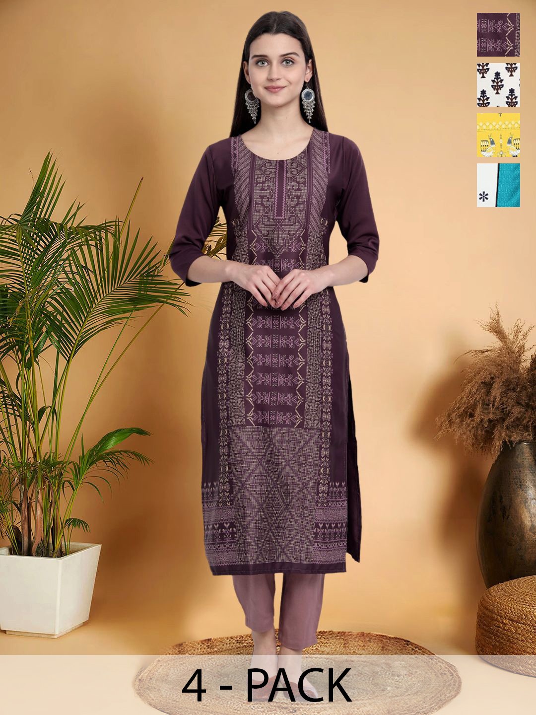

7Threads Selection Of 4 Ethnic Motifs Printed Straight Kurtas, Purple