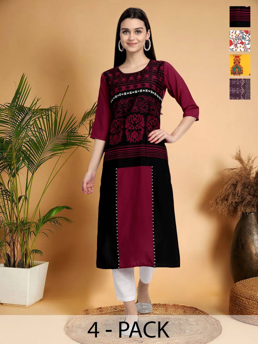 

7Threads Selection Of 4 Ethnic Motifs Printed Round Neck Straight Kurtas, Maroon