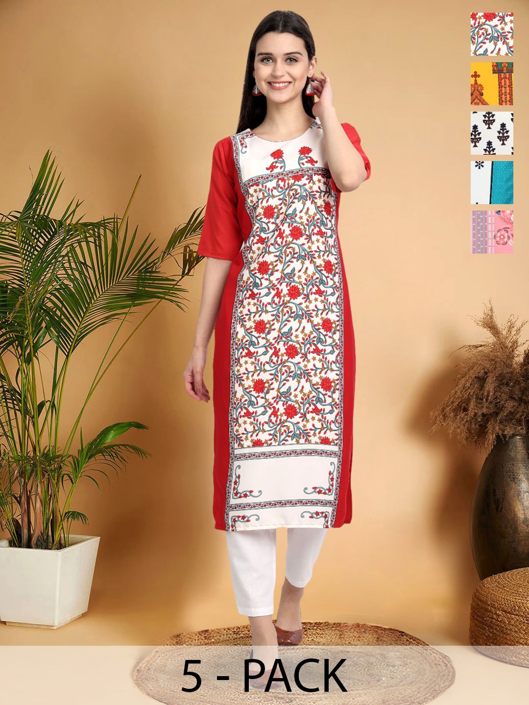 

7Threads Selection Of 5 Ethnic Motifs Printed Round Neck Straight Kurtas, Red