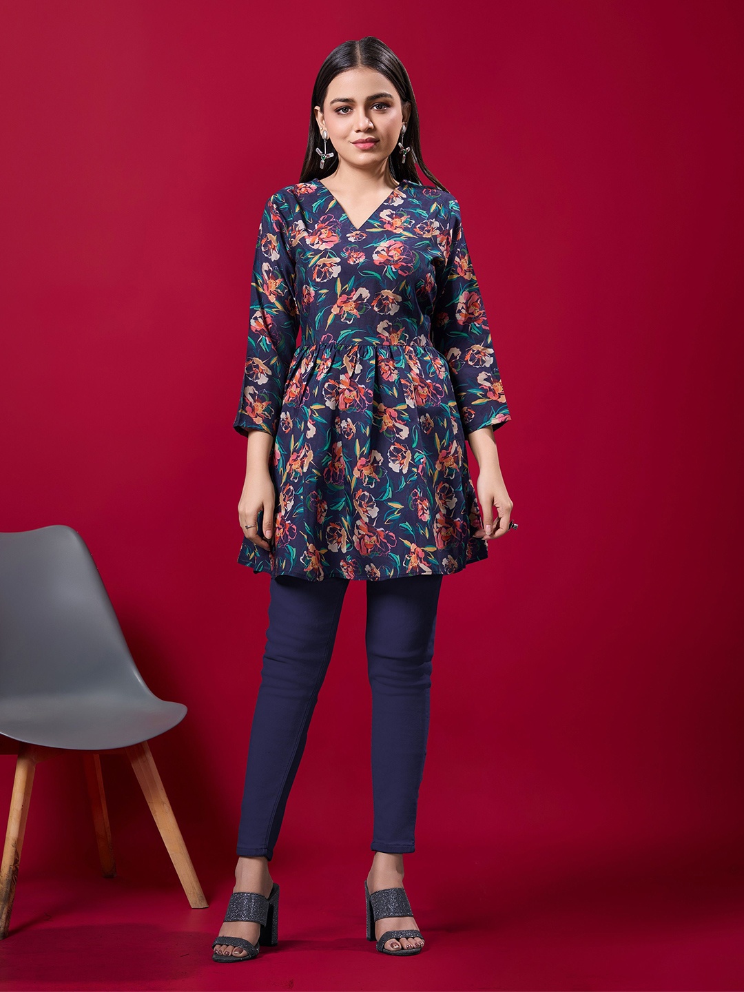 

BANJANAN Floral Printed Pleated A-Line Top, Blue