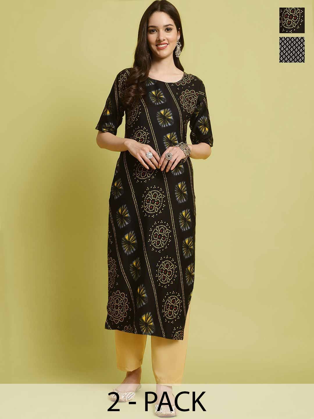 

7Threads Selection Of 2 Ethnic Motifs Printed Round Neck Straight Kurta With Trousers, Black