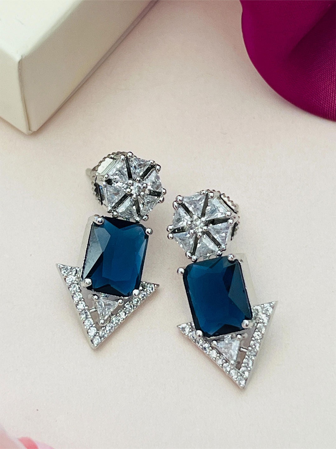 

ABDESIGNS Silver-Plated Classic American Diamond Studded Drop Earrings