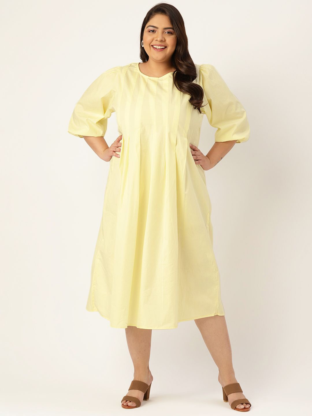 

theRebelinme Women Plus Size Pure Cotton A-Line Midi Dress, Lime green