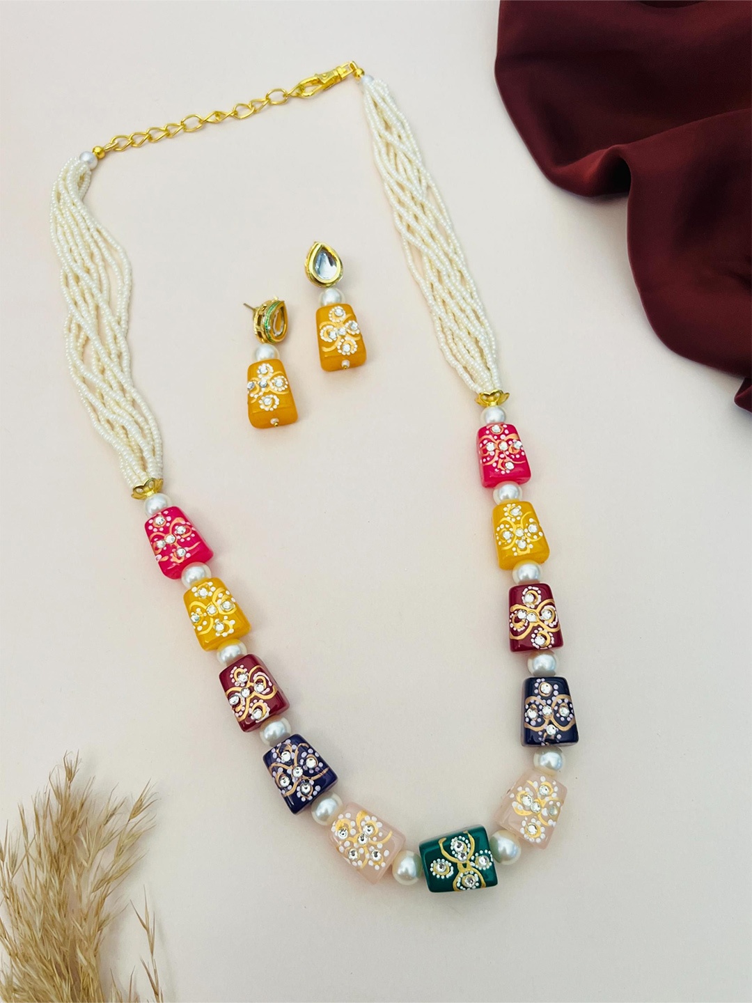 

ABDESIGNS Gold Plated Stone Studded & Beaded Jaipuri Jewellery Set