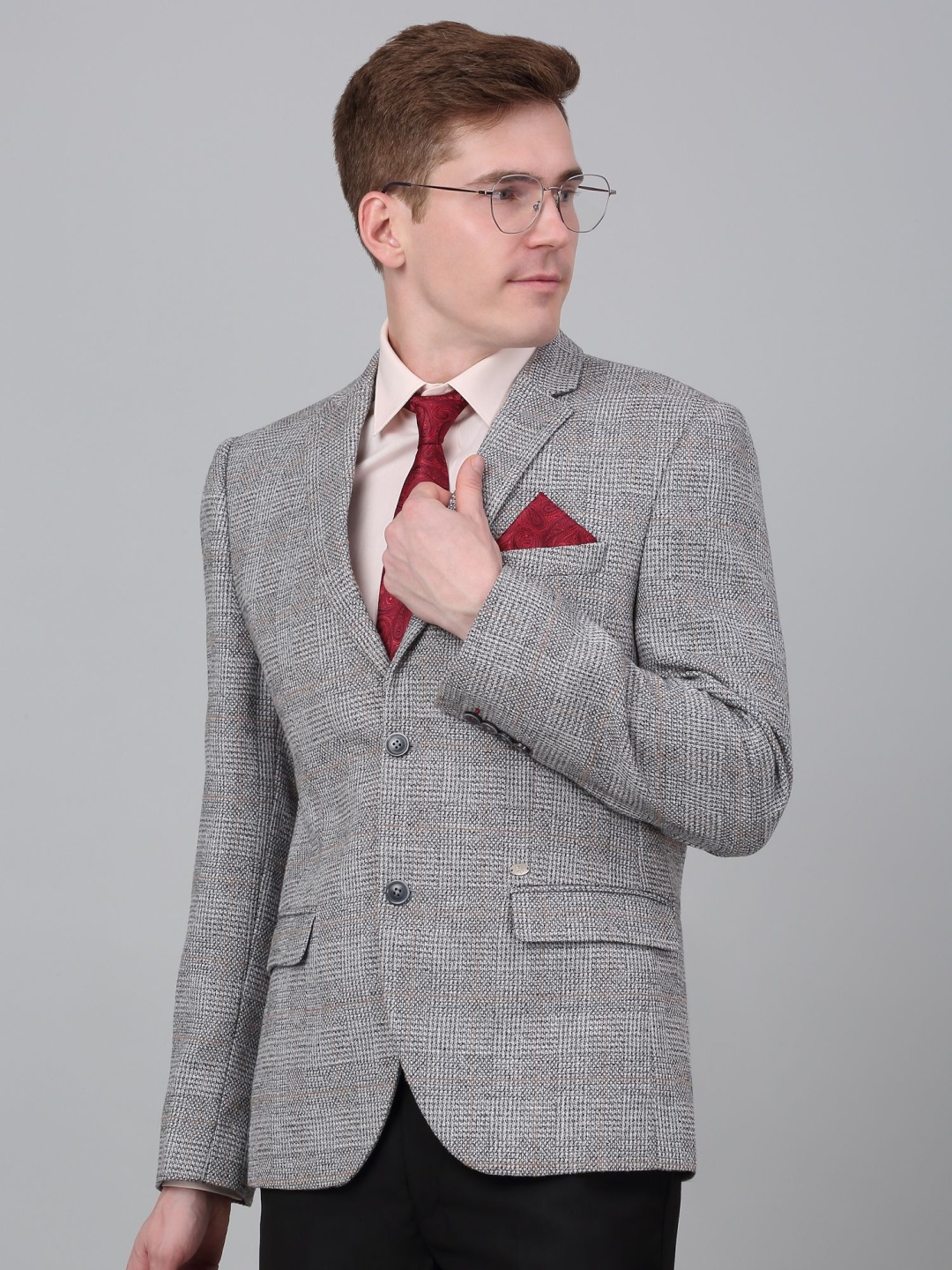 

Cantabil Checked Notched Lapel Single Breasted Blazer, Grey
