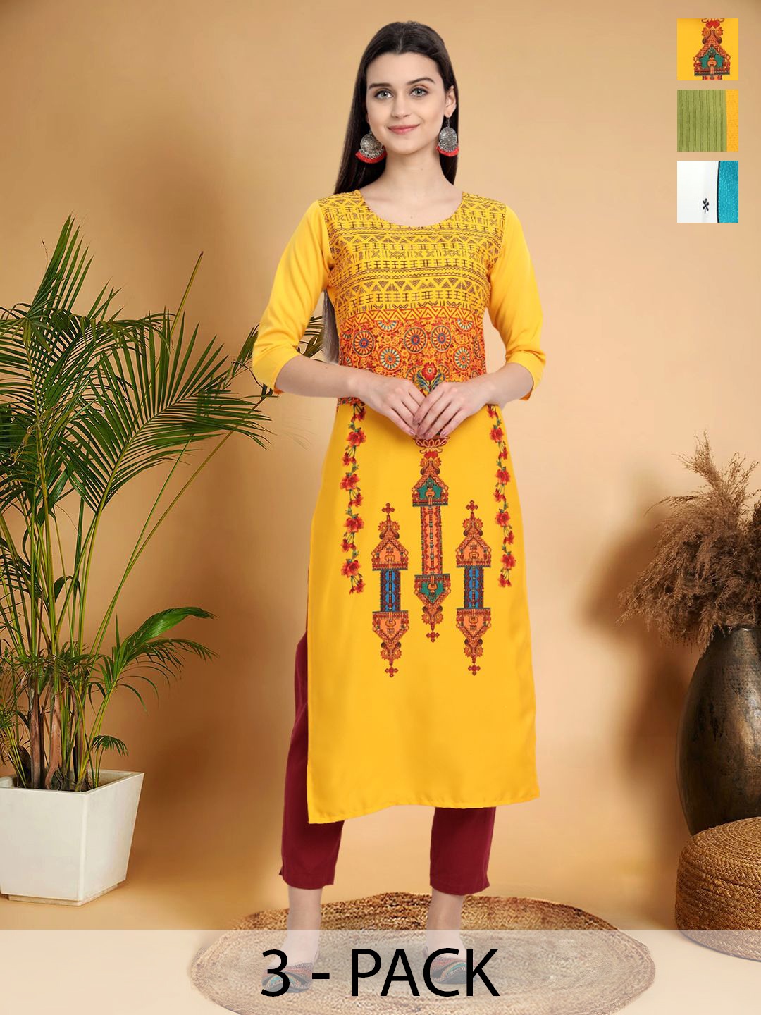 

7Threads Selection Of 3 Ethnic Motifs Printed Round Neck Straight Kurtas, Mustard