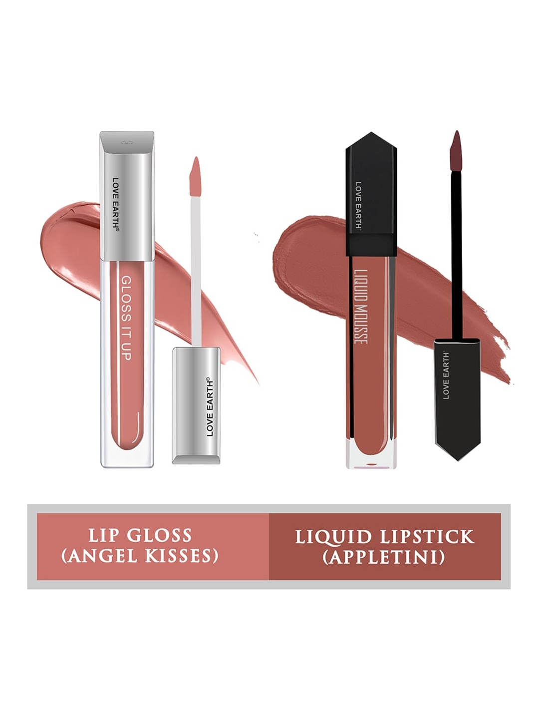 

LOVE EARTH Set of Liquid Mousse Matte Lipstick 6 ml & Gloss It Up Lip Gloss 3ml, Peach