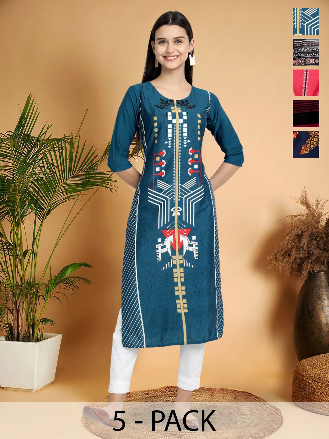 

7Threads Selection Of 5 Geometric Printed Round Neck Straight Kurtas, Blue